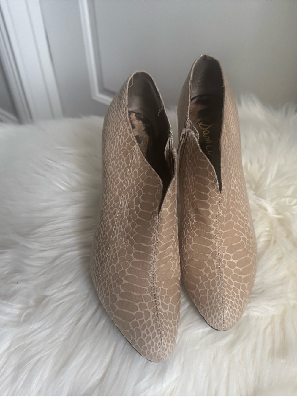 Sam Edelman Taupe Snake-Embossed Pointed Ankle Booties